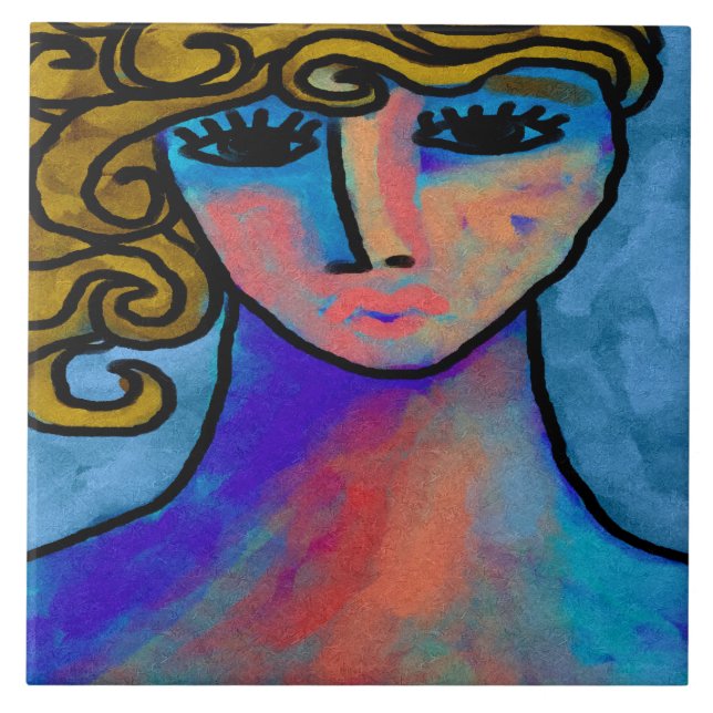 Blue Woman Abstract Digital Painting Ceramic Tile (Front)