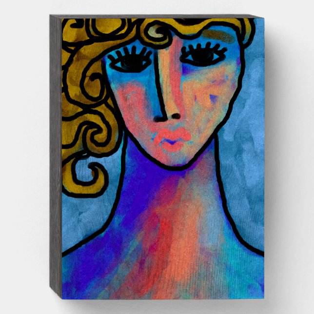 Blue Woman Abstract Digital Painting Wooden Box Sign (Front Vertical)
