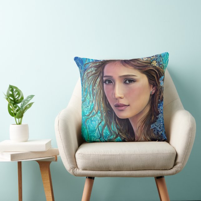 Blue Woman and The Waves | Abstract Art Throw Pillow (Chair)