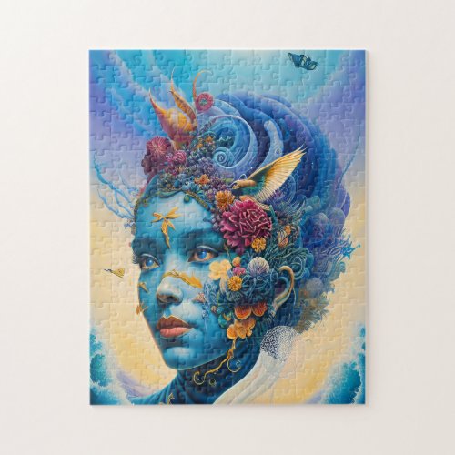 Blue Woman in A Blue Floral World Jigsaw Puzzle
