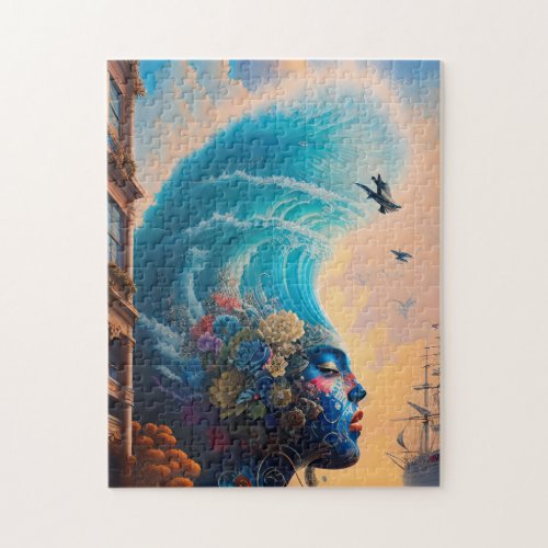 Blue Woman Raising from The Ocean Waves Jigsaw Puzzle