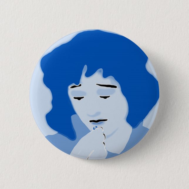 Blue woman swallowing mifepristone button (Front)