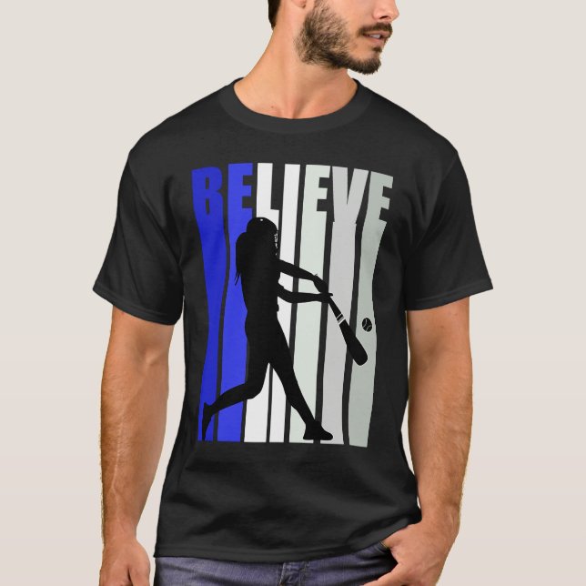 Blue Womens Believe Baseball Inspirational Softbal T-Shirt (Front)