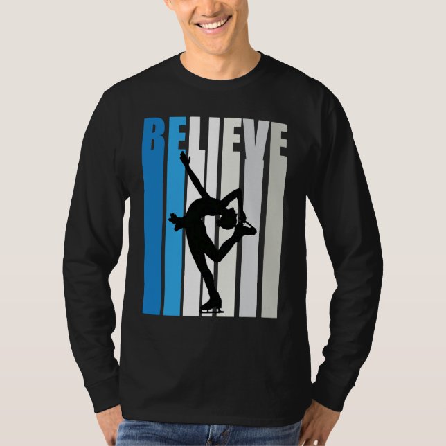 Blue Womens Believe Ice Skating Motivational Retro T-Shirt (Front)