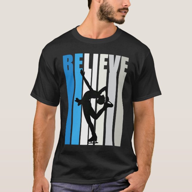 Blue Womens Believe Ice Skating Motivational Retro T-Shirt (Front)