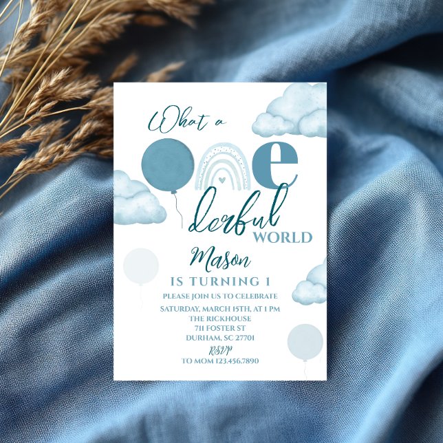 Blue Wonderful World First Birthday Invitation (Creator Uploaded)