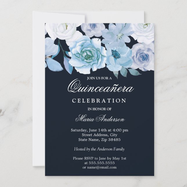 Blue Wonderland Gray Floral Quinceanera Party Invitation (Front)