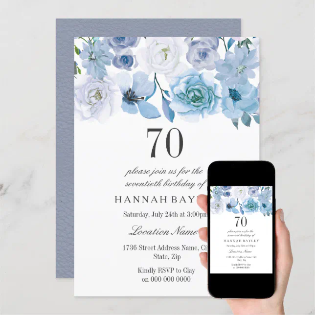 Blue Wonderland Gray Flower 70th Birthday Invite | Zazzle