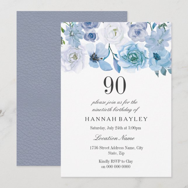 Blue Wonderland Gray Flower 90th Birthday Invite (Front/Back)