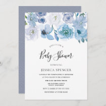 Blue Wonderland Gray Flower Baby Shower Invite