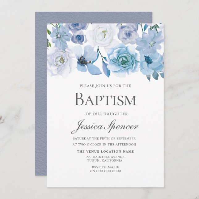 Blue Wonderland Gray Flower Baptism Invite (Front/Back)