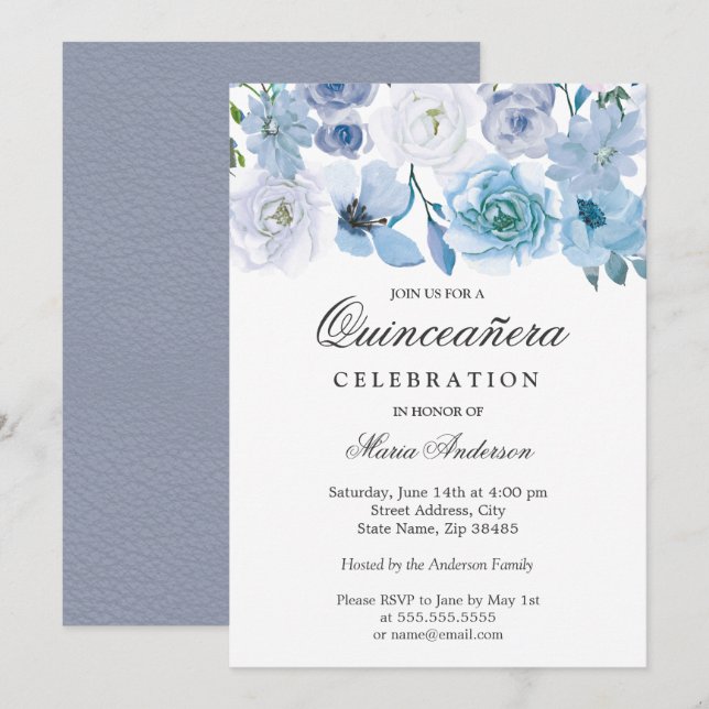 Blue Wonderland Gray Flower Quinceanera Invite (Front/Back)