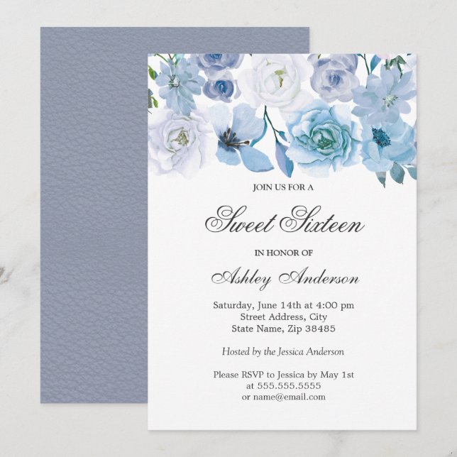 Blue Wonderland Gray Flower Sweet Sixteen Invite (Front/Back)
