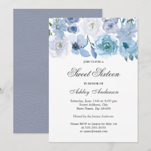 Blue Wonderland Gray Flower Sweet Sixteen Invite