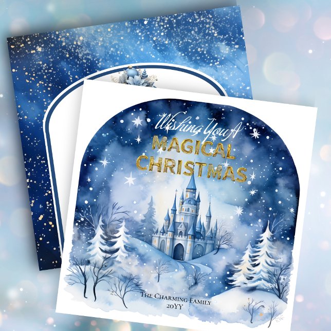 Blue Wonderland Wishing You A Magical Christmas  Holiday Card (Blue Wonderland Wishing You A Magical Christmas Square Holiday Card)