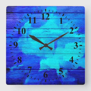 Blue Wood Abstract Painting Square Wall Clock