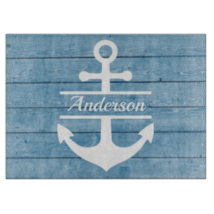Blue Wood Beach House Cutting Board Anchor Name