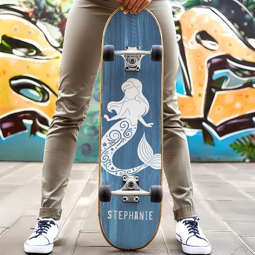 Blue Wood Beach Mermaid Custom Name Skateboard