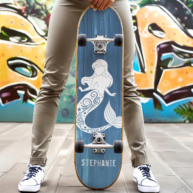 Blue Wood Beach Mermaid Custom Name Skateboard (Creator Uploaded)