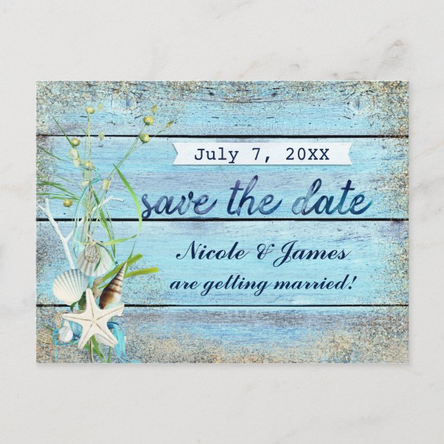 Blue Wood Beach Tropical Save The Date Card (Front)
