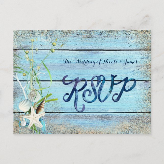 Blue Wood Beach Tropical Wedding RSVP Card (Front)