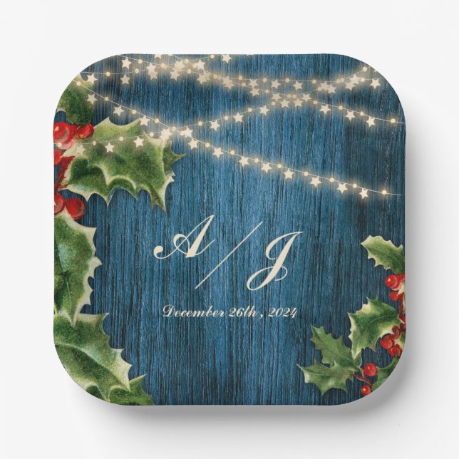 Blue Wood Berries Christmas wedding Party Paper Plates (Front)