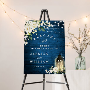 Blue Wood & Blush Roses Floral Wedding Welcome Foam Board