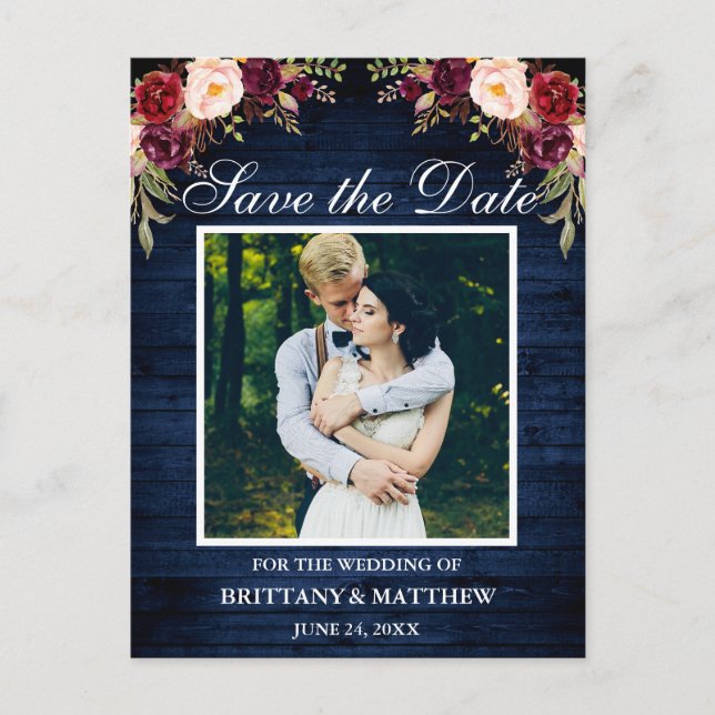 Blue Wood Burgundy Floral Photo Save the Date Postcard (Front)
