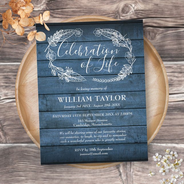Blue Wood Celebration of Life Funeral Invitation (Creator Uploaded)