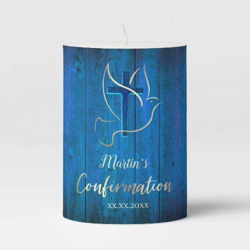 blue wood Confirmation Pillar Candle