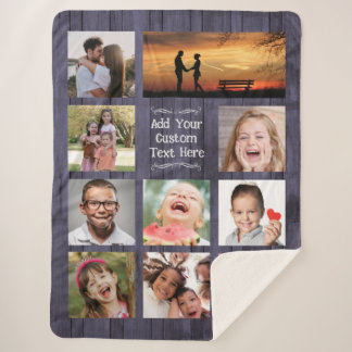 Blue Wood Custom Photo Collage with Text Sherpa Blanket