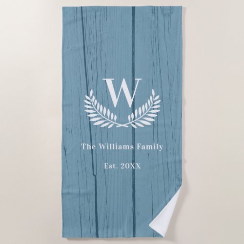 Blue wood family monogram initial white rustic beach towel