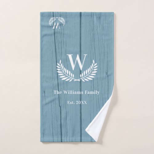 Blue wood family monogram initial white rustic hand towel 