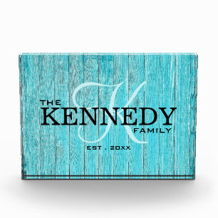 Blue Wood Family Monogram Last Name Typography Photo Block