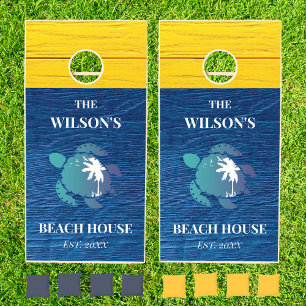 Blue Wood Family Name Sea Turtle Beach House Cornhole Set