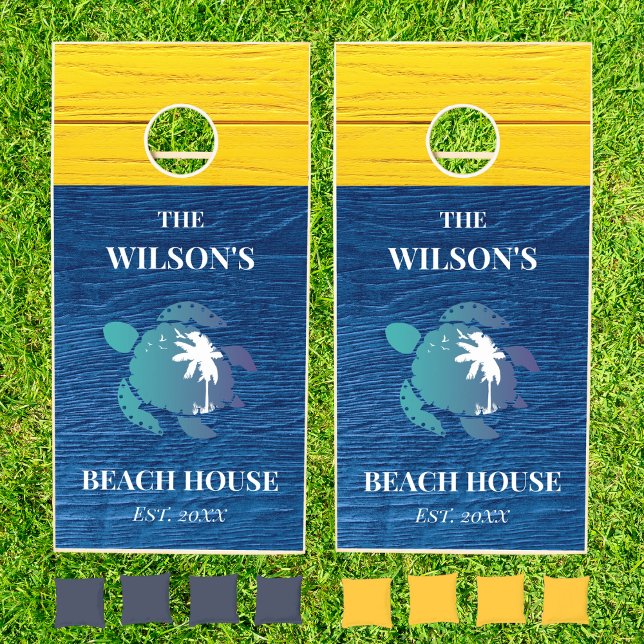 Blue Wood Family Name Sea Turtle Beach House  Cornhole Set (Creator Uploaded)