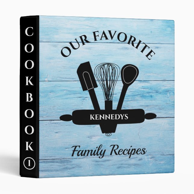 Blue Wood Family Recipe Personalized Cookbook 3 Ring Binder (Front/Spine)