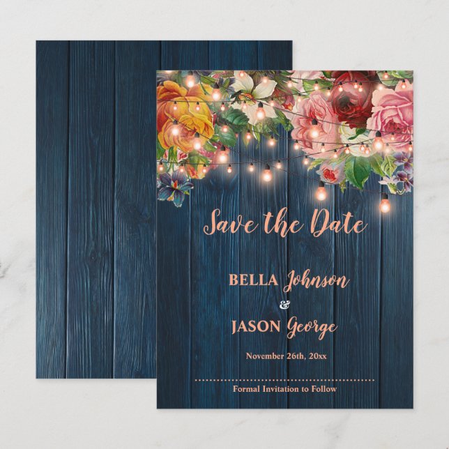 Blue Wood Floral Lights Wedding Save The Date Announcement Postcard (Front/Back)