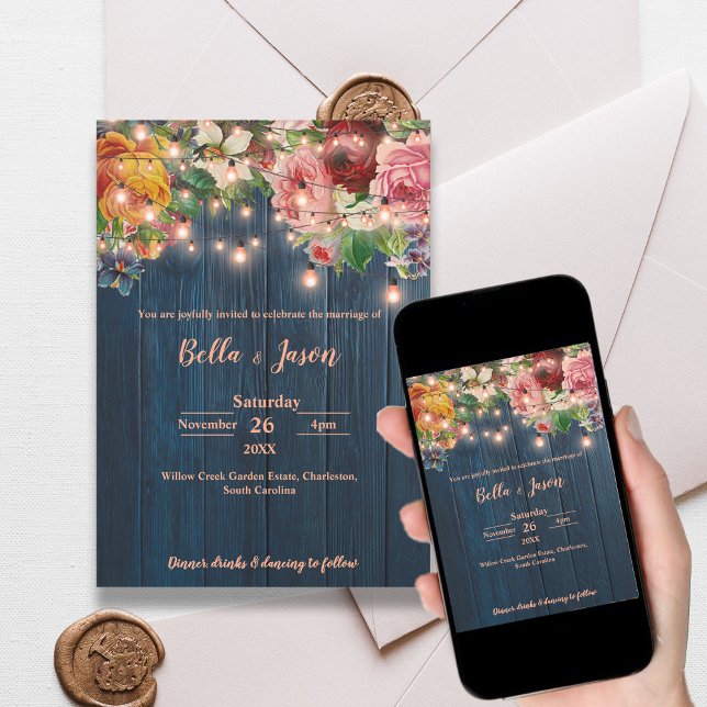 Blue Wood Floral String Lights Rustic Wedding Invitation (Blue Wood Floral String Lights Rustic Wedding Invitation)