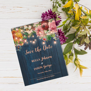 Blue Wood Floral String Lights Save The Date Invitation Postcard