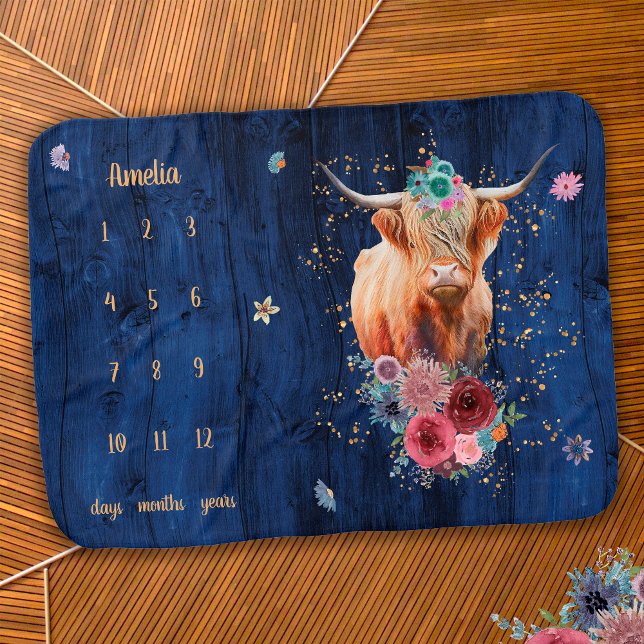 Blue Wood Gold Floral Highland Cow Baby Milestone Baby Blanket (Creator Uploaded)