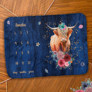 Blue Wood Gold Floral Highland Cow Baby Milestone Blanket