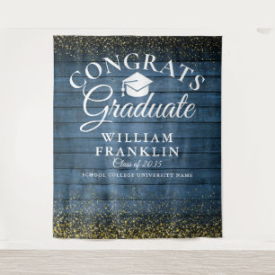 Blue Wood Gold Glitter Graduation Photo Backdrop