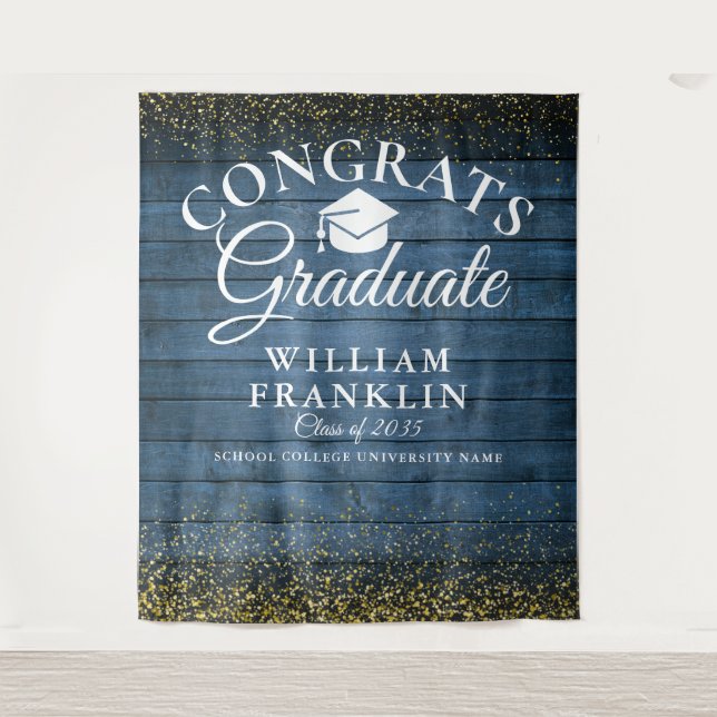 Blue Wood Gold Glitter Graduation Photo Backdrop (Front)