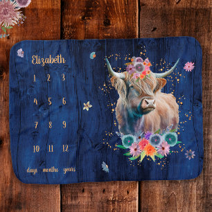 Blue Wood Gold Highland Cow Baby Milestone Blanket