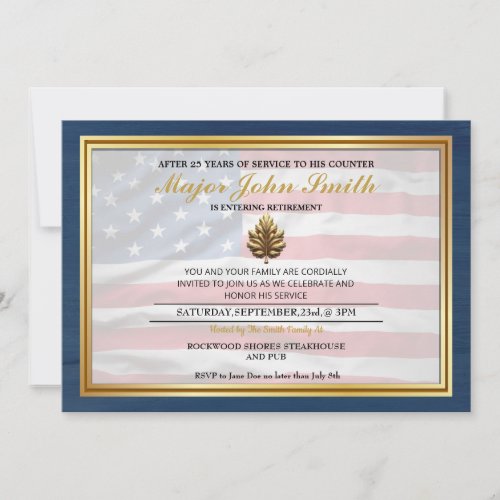 Blue Wood Gold Oak Military Retirement Invitation