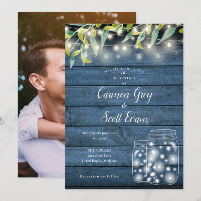 Blue Wood Greenery Mason Jar Lights Photo Wedding Invitation (Front/Back)