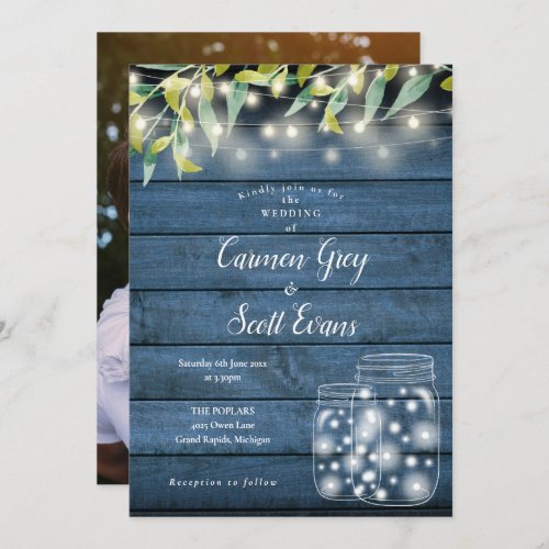 Blue Wood Greenery Mason Jar Lights Photo Wedding Invitation