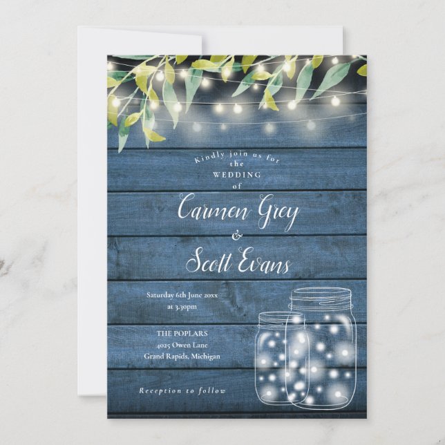 Blue Wood Greenery Mason Jar String Lights Wedding Invitation (Front)