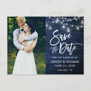 Blue Wood Jar Lights Brush Script Save The Date Postcard
